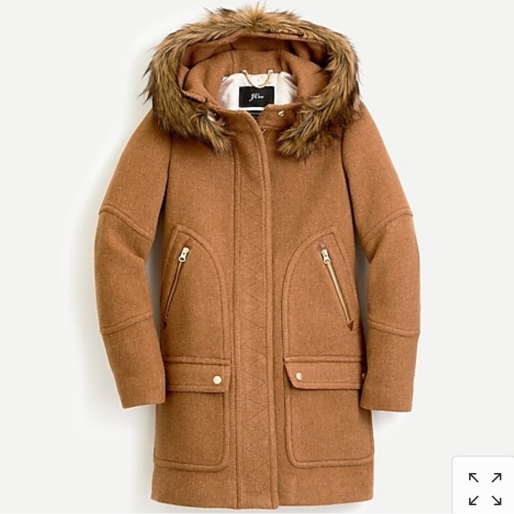 J. Crew Camel Brown Wool Pea Coat with Faux Fur Hood